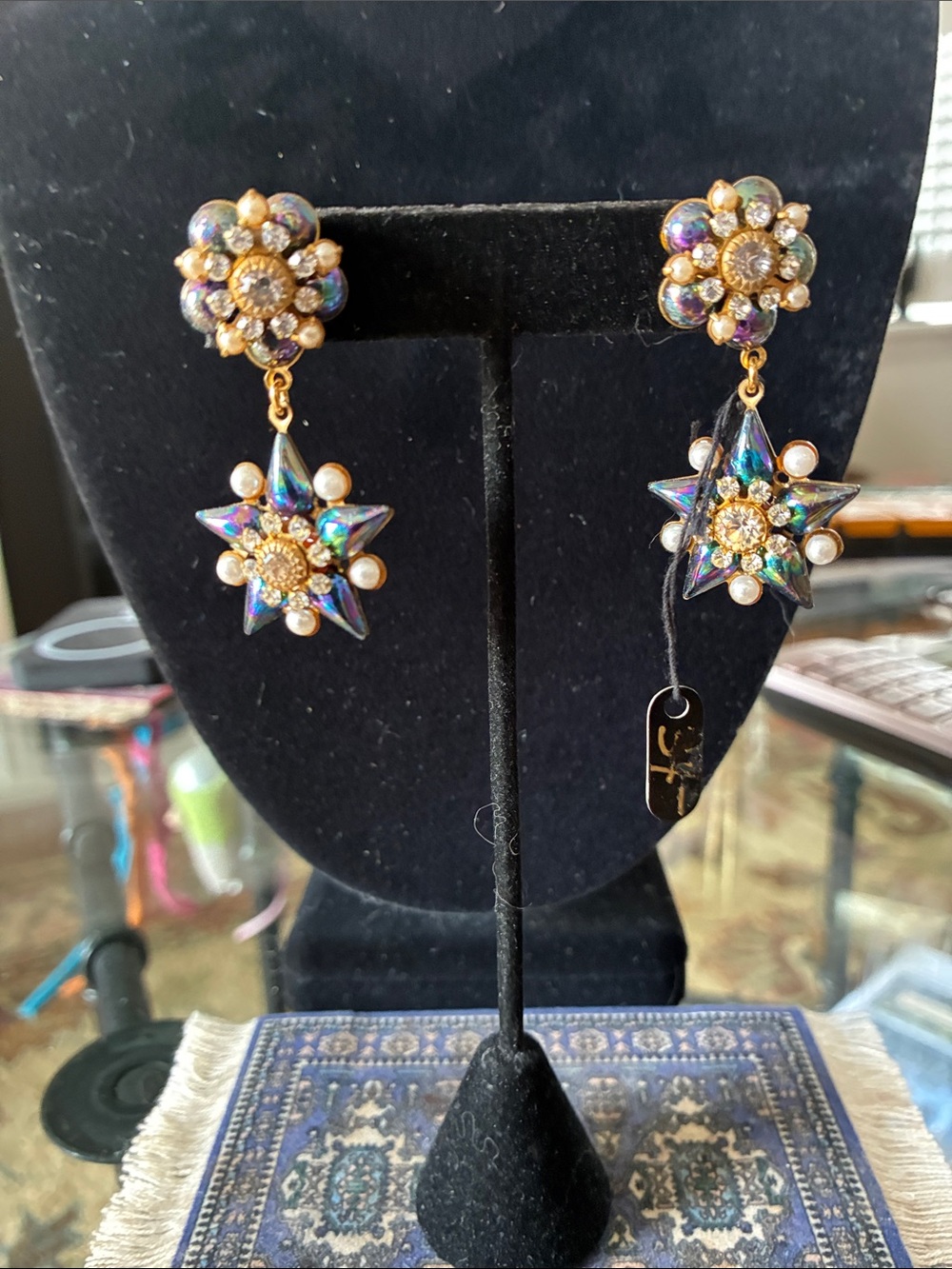 Multicolor Iridescent Star Drop Earrings with Pearl Accents - Gold Tone